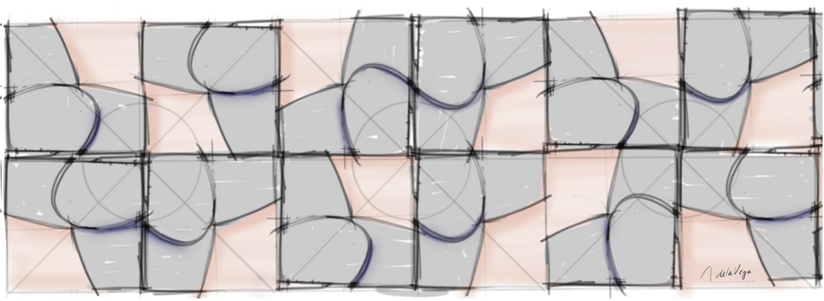SILHOUETTE, Figure and Void Study: geometric drawing of rotated curves in gray, pink and blue, fine art print by adelavega