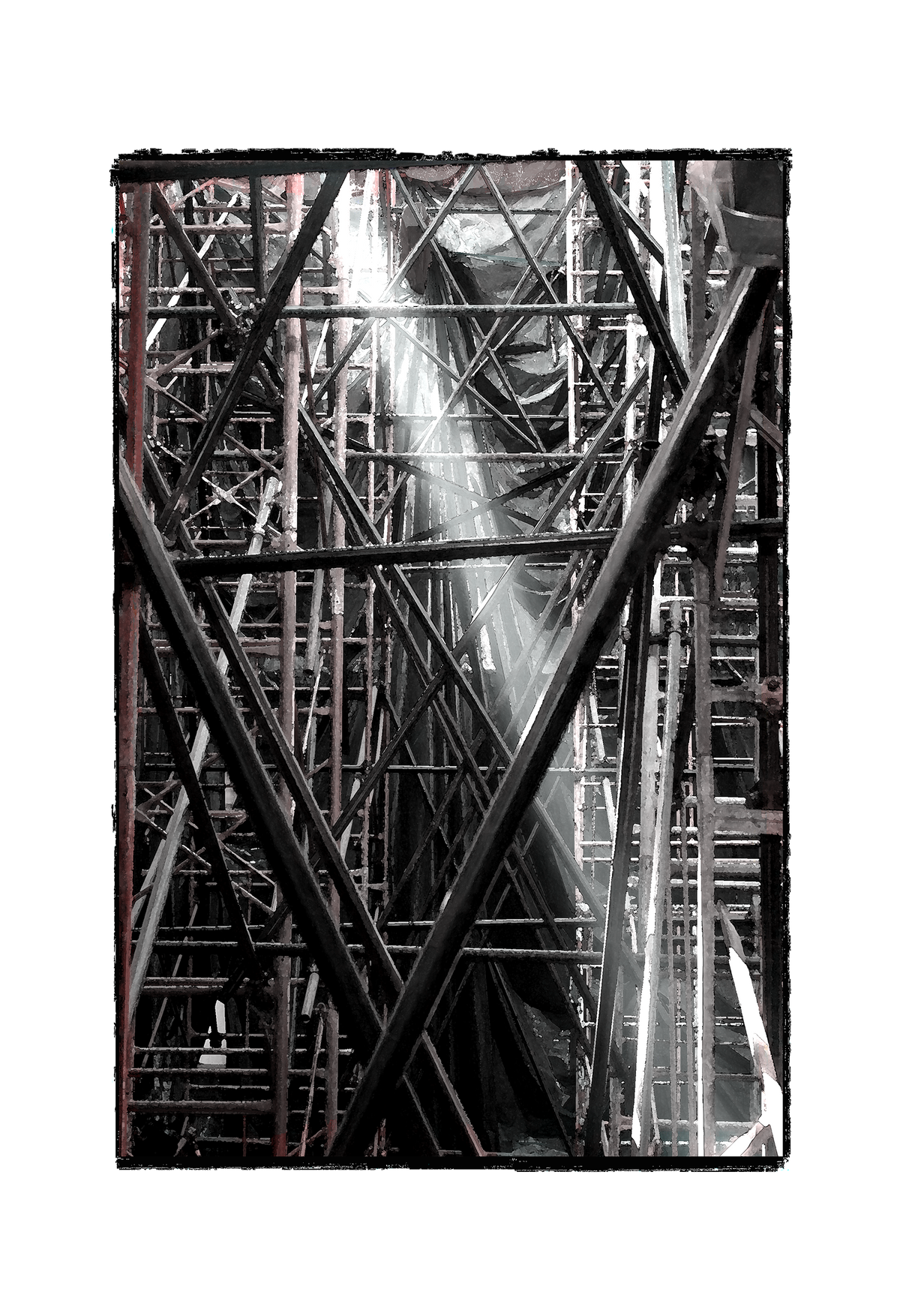 Where the Light Comes In: scaffolding pierced by a shaft of light during the construction of the MIDE roof in Mexico City, fine art print by adelavega