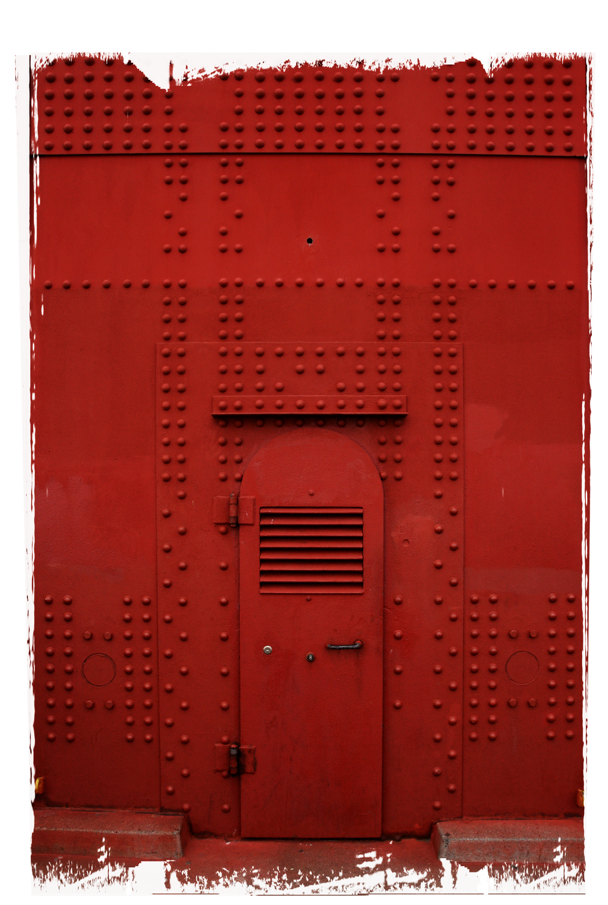 International Orange, Golden Gate: riveted steel service door in red-orange at the base of the Golden Gate Bridge, fine art photography print by adelavega