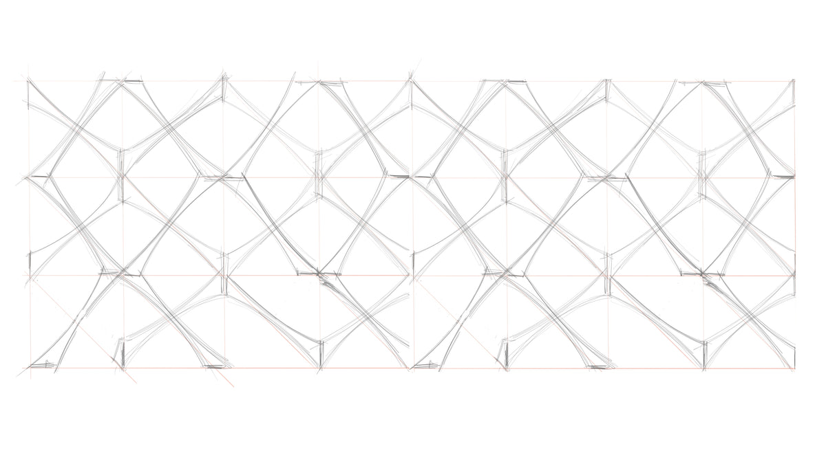 FURCULA, Lattice Study: pencil sketch of a curved lattice over a red construction grid, fine art print by adelavega