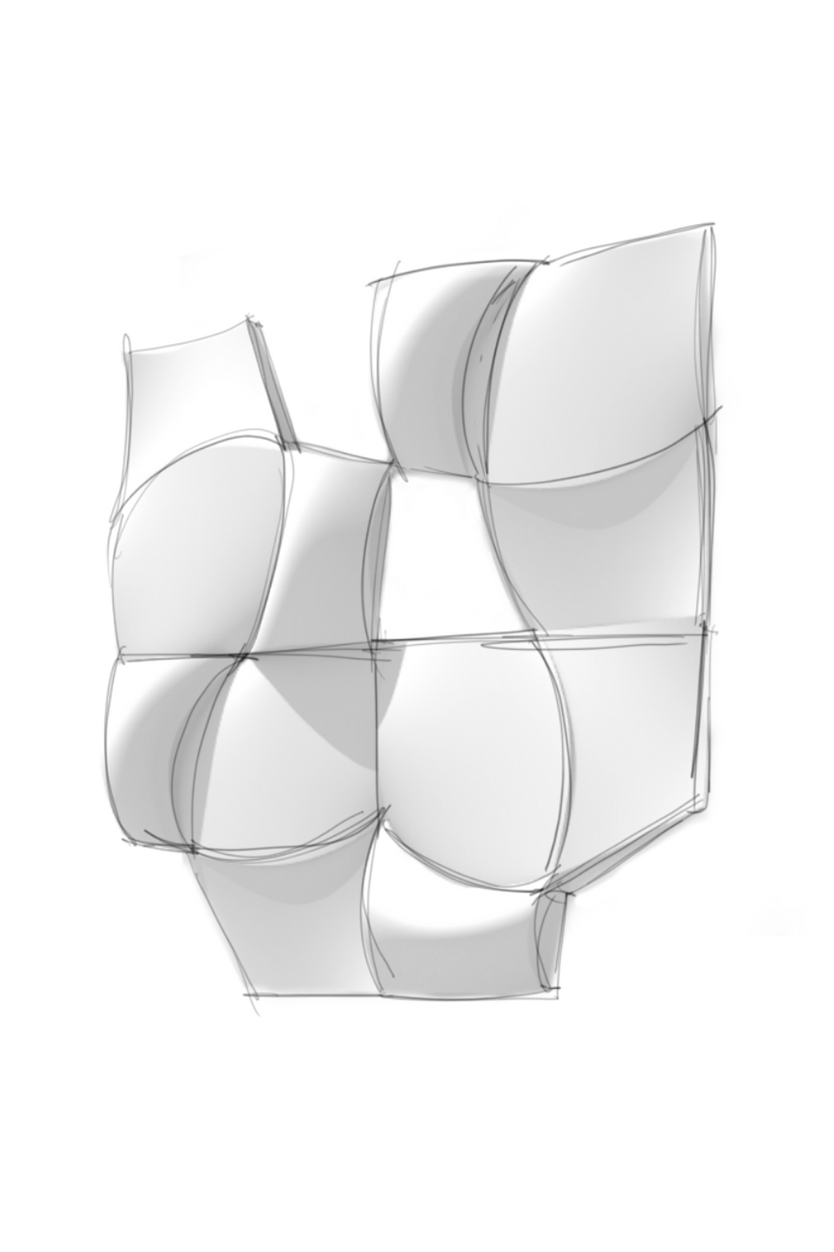 TLACTLI, Torso Study: graphite sketch of a torso built from curved modules, fine art print by adelavega